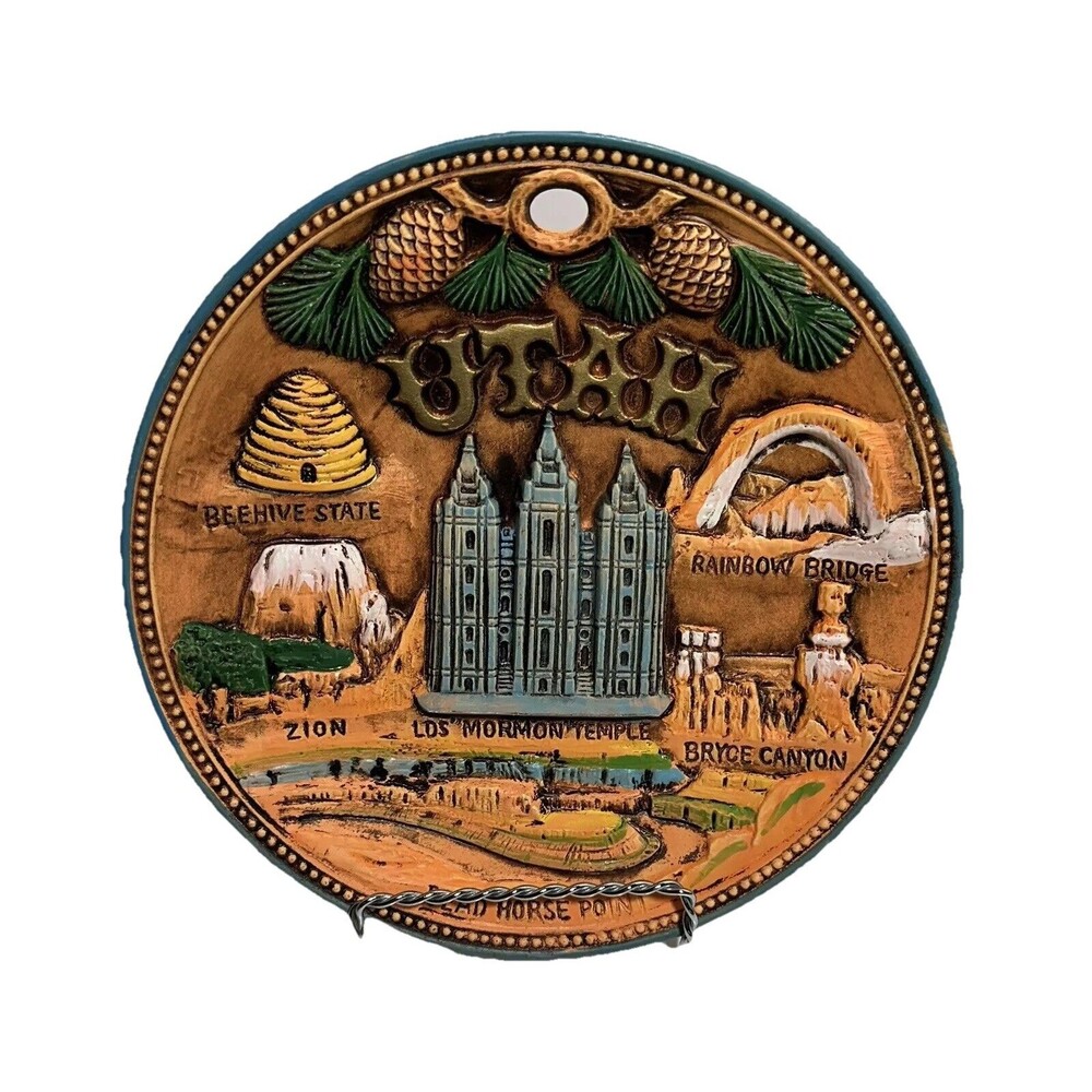 UTAH STATE vintage 3D Ceramic LANDMARKS COLLECTOR PLATE Wall Hanging Souvenir